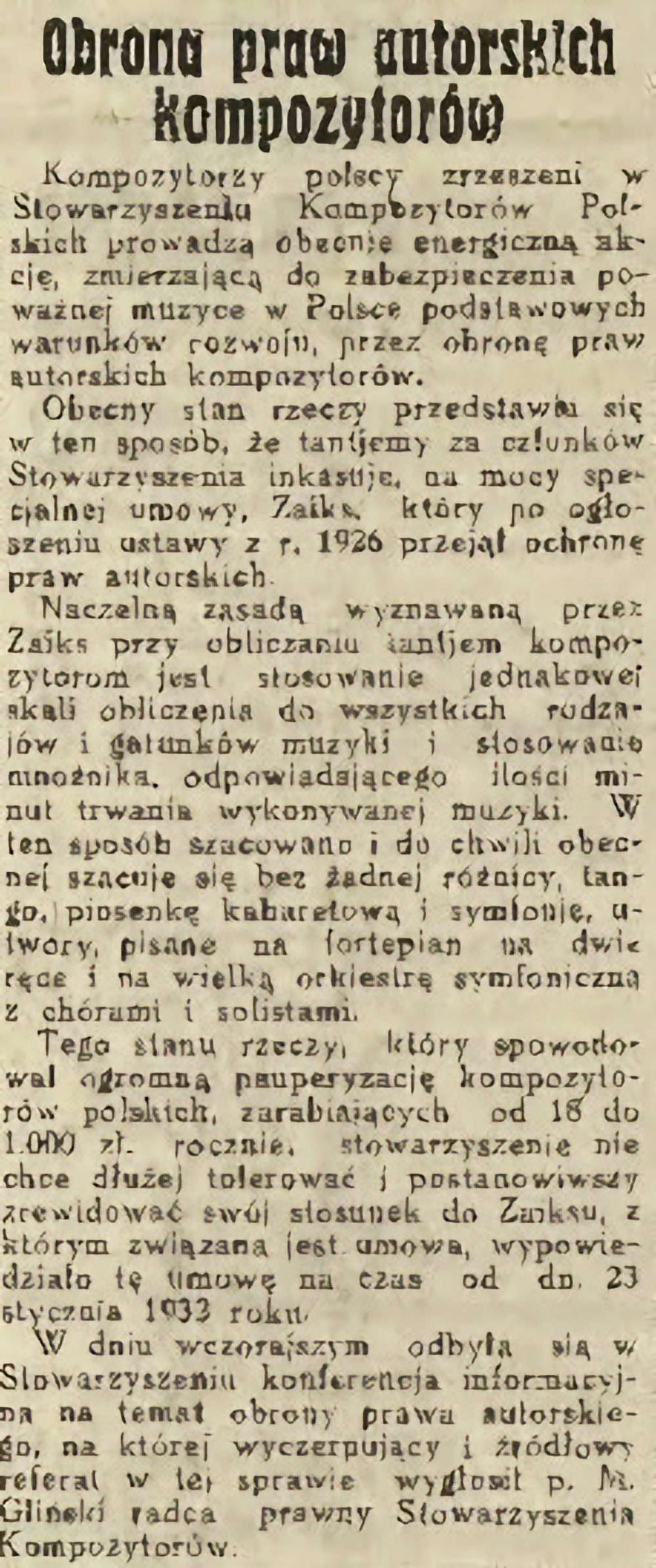 Skan Obrona praw autorskich kompozytorów Kurjer Polski 1932, no 327